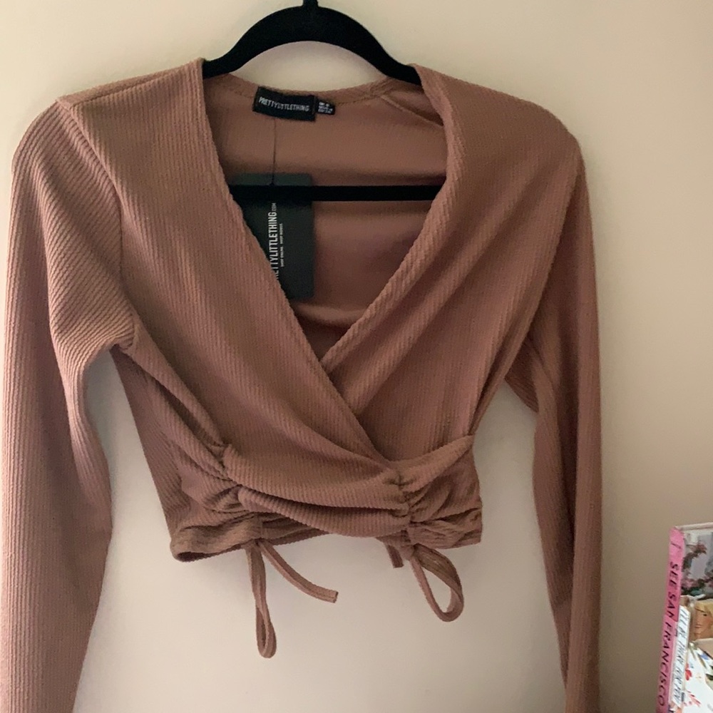 Brown textured rib ruched at waist long sleeve